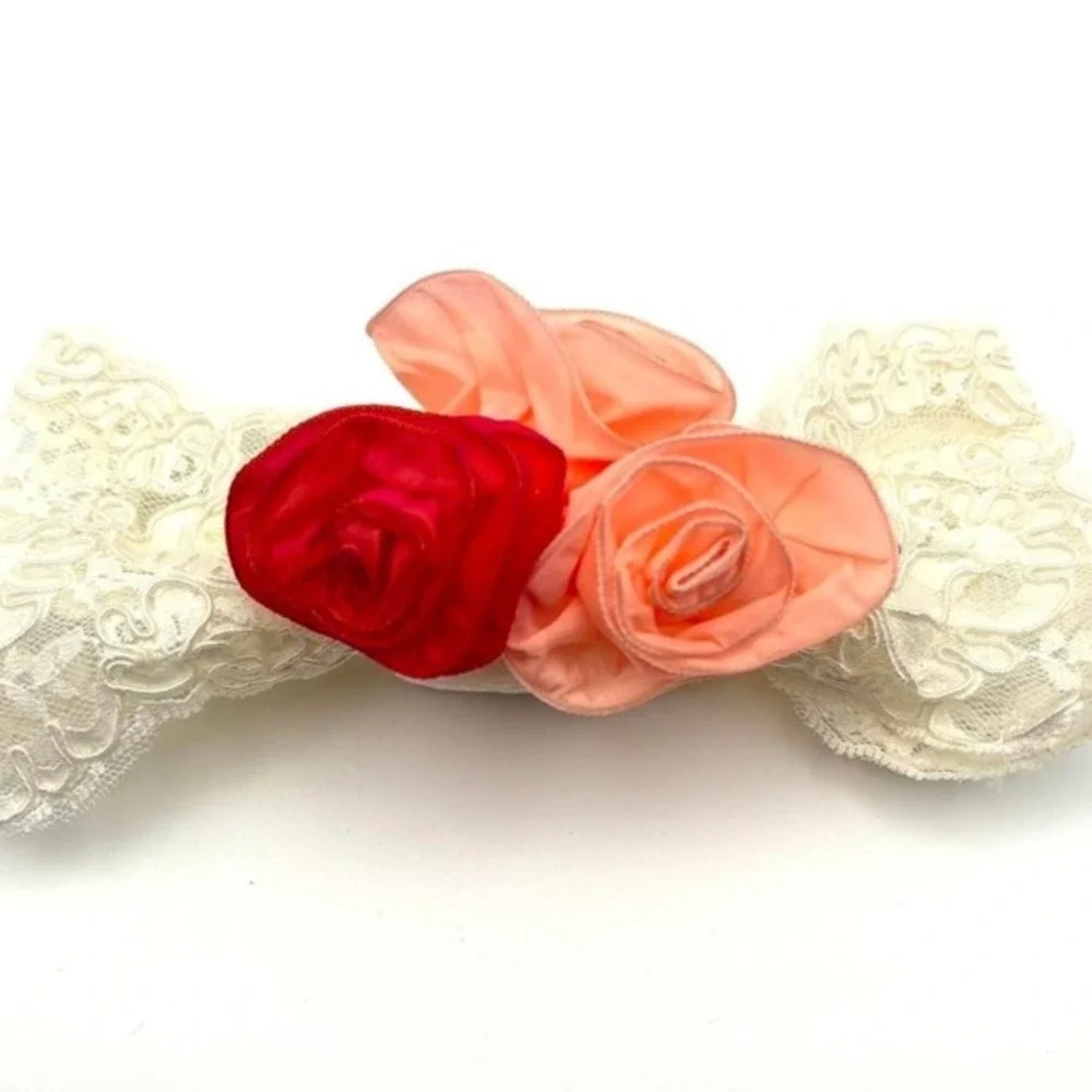 Vintage Made in France Pink Peach Rose Floral Lace Hair Clip Barrette Accessory